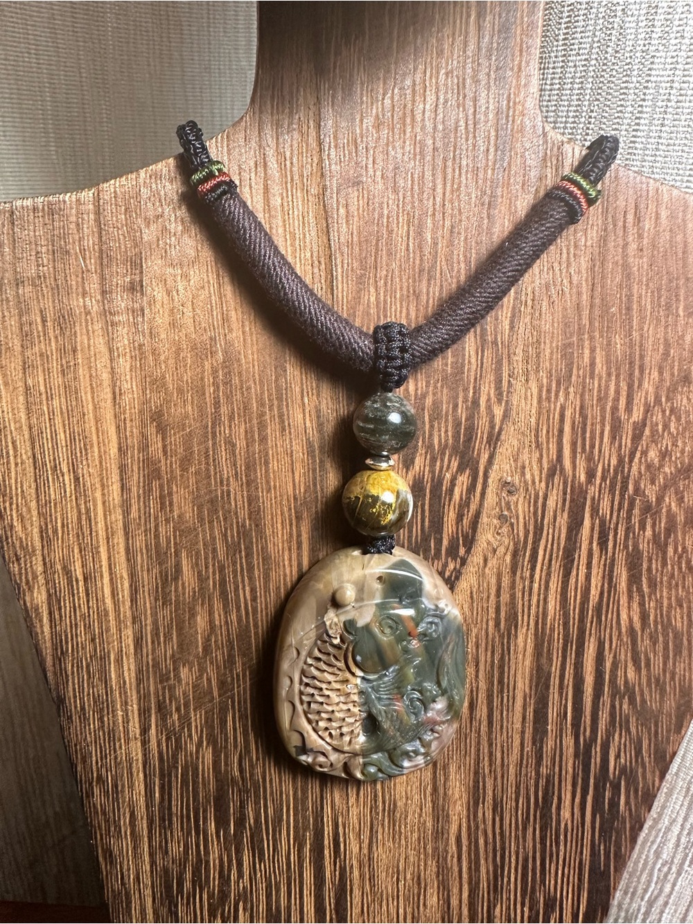 Alashan Agate Koi Fish Carving Pendant Necklace on Adjustable Rope Cord